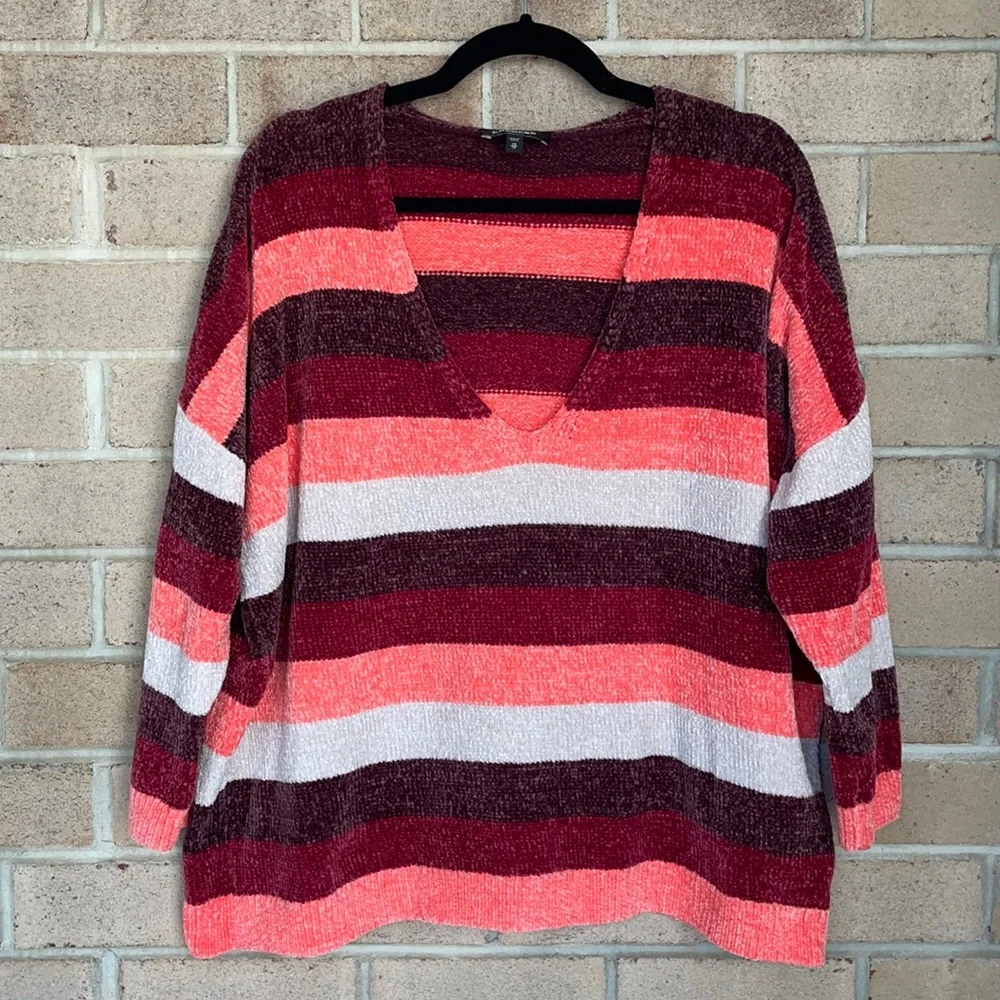 Express Chenille Striped V-Neck Sweater